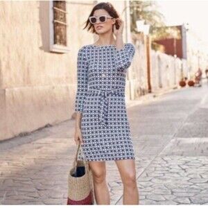 Boden Sylvia Tie Jersey Tunic Dress 12L Boat Neck 3/4 Sleeves Blue White J0631